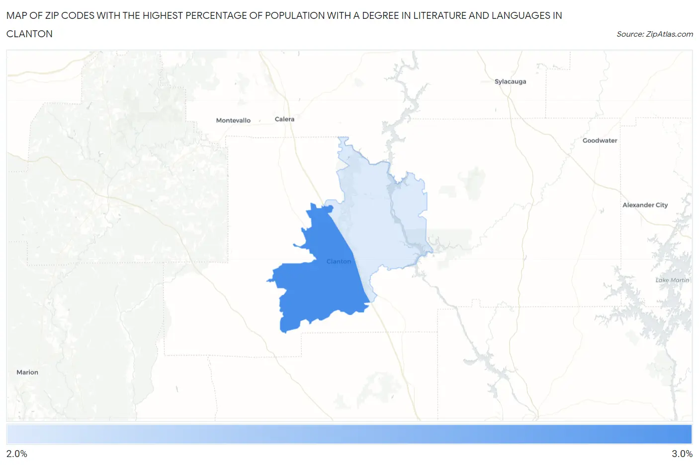 Zip Codes with the Highest Percentage of Population with a Degree in Literature and Languages in Clanton Map