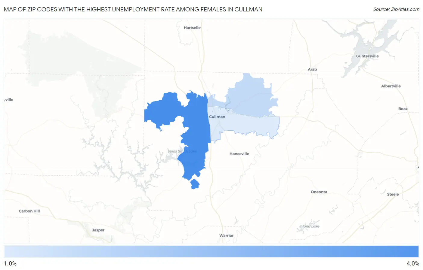 Zip Codes with the Highest Unemployment Rate Among Females in Cullman Map