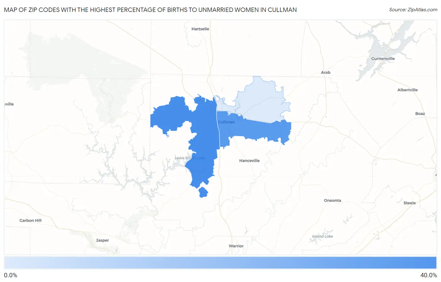 Zip Codes with the Highest Percentage of Births to Unmarried Women in Cullman Map