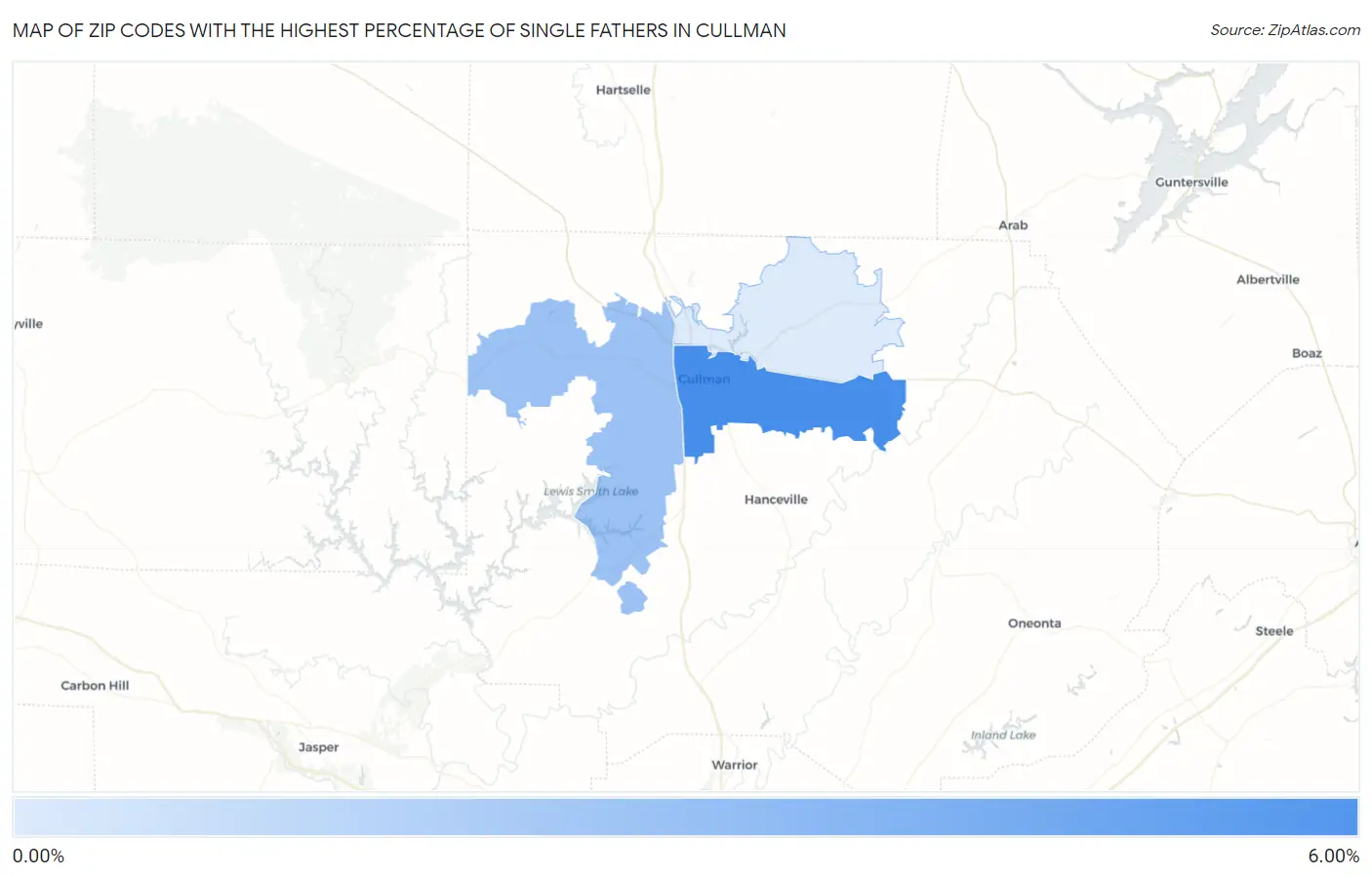 Zip Codes with the Highest Percentage of Single Fathers in Cullman Map