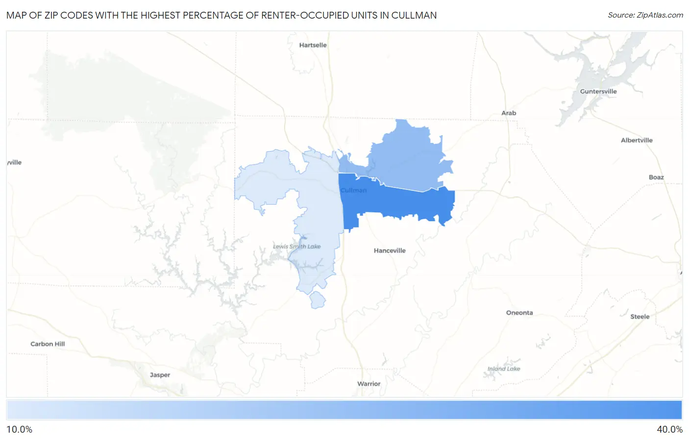 Zip Codes with the Highest Percentage of Renter-Occupied Units in Cullman Map