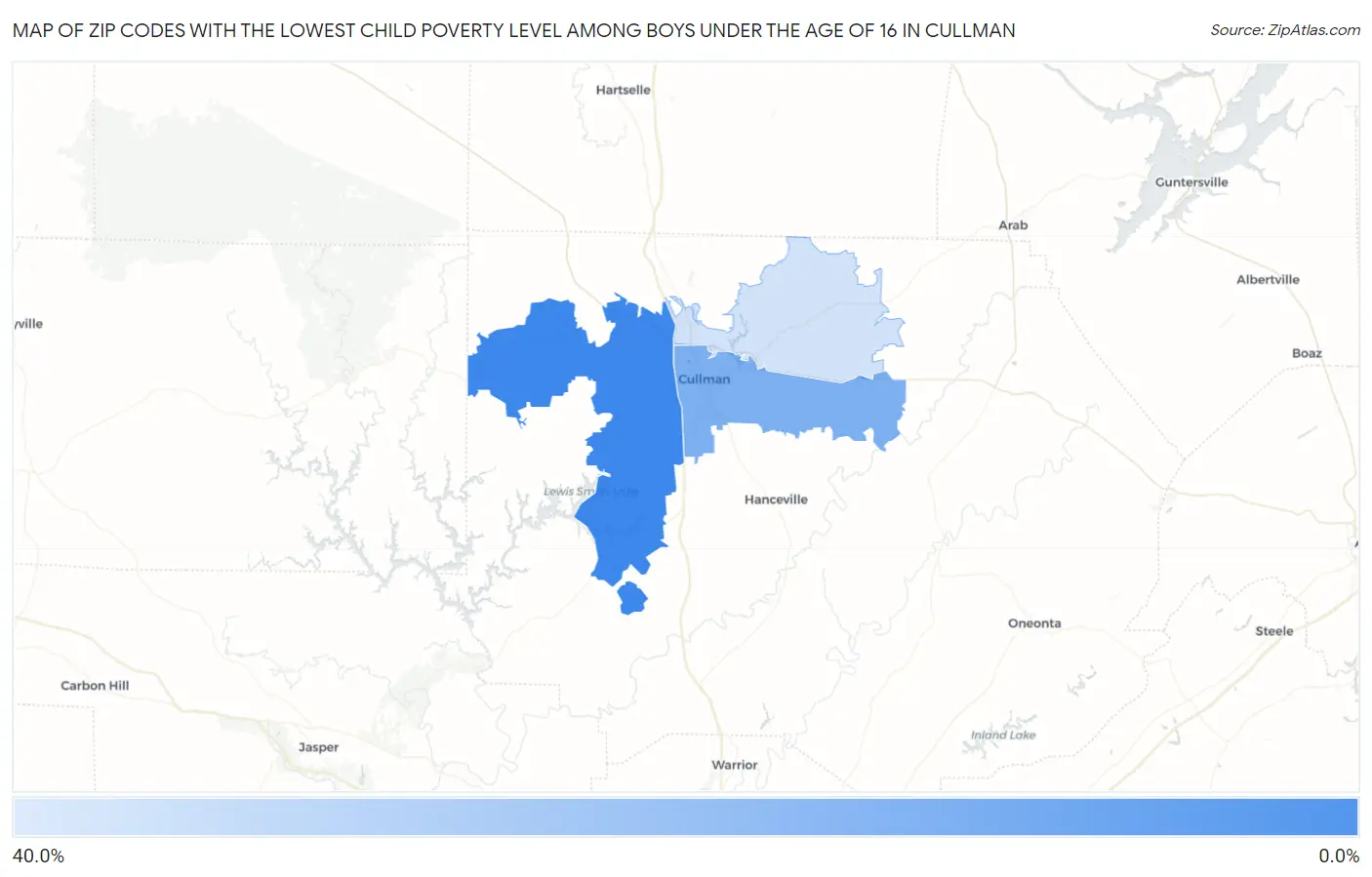 Zip Codes with the Lowest Child Poverty Level Among Boys Under the Age of 16 in Cullman Map