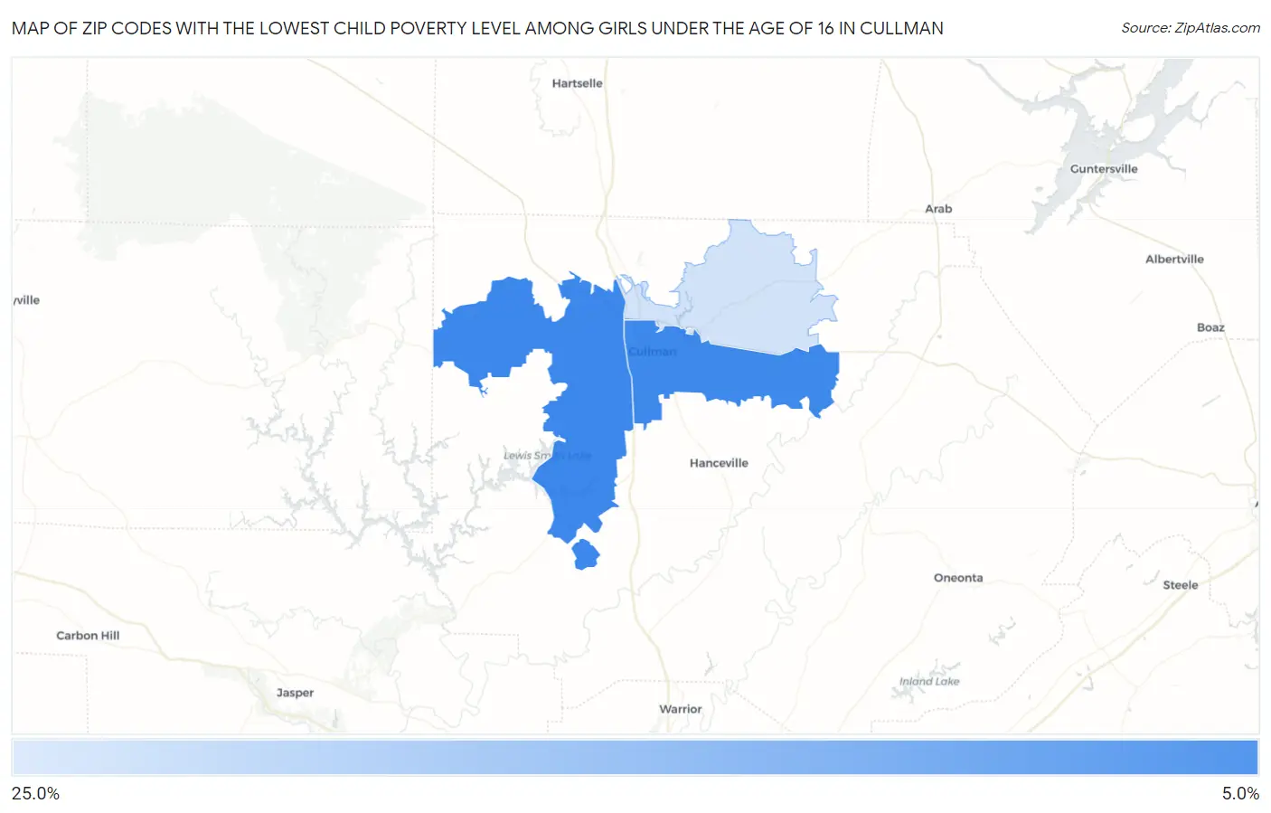 Zip Codes with the Lowest Child Poverty Level Among Girls Under the Age of 16 in Cullman Map