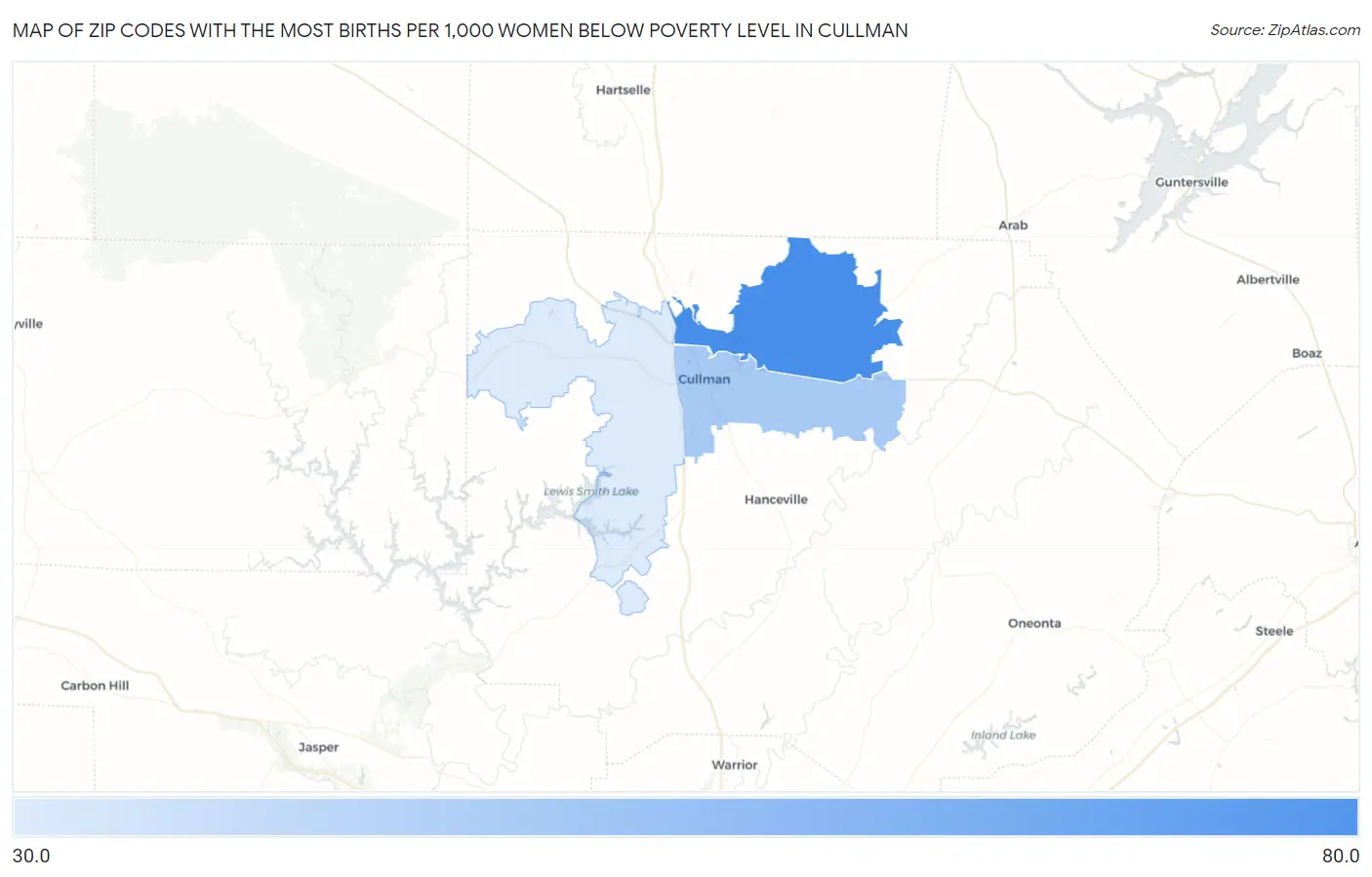 Zip Codes with the Most Births per 1,000 Women Below Poverty Level in Cullman Map