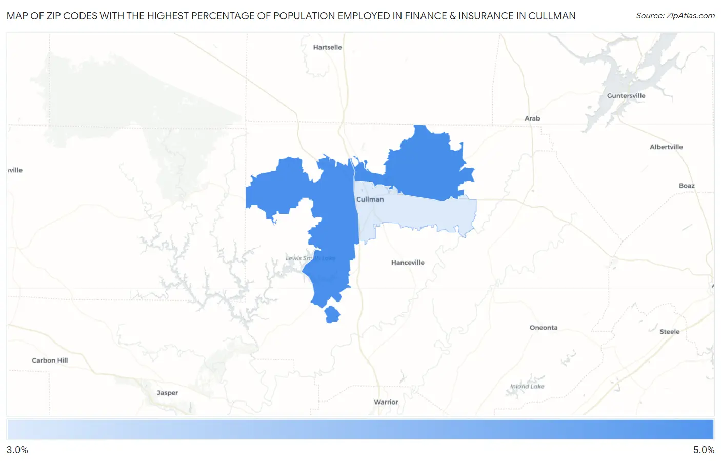 Zip Codes with the Highest Percentage of Population Employed in Finance & Insurance in Cullman Map
