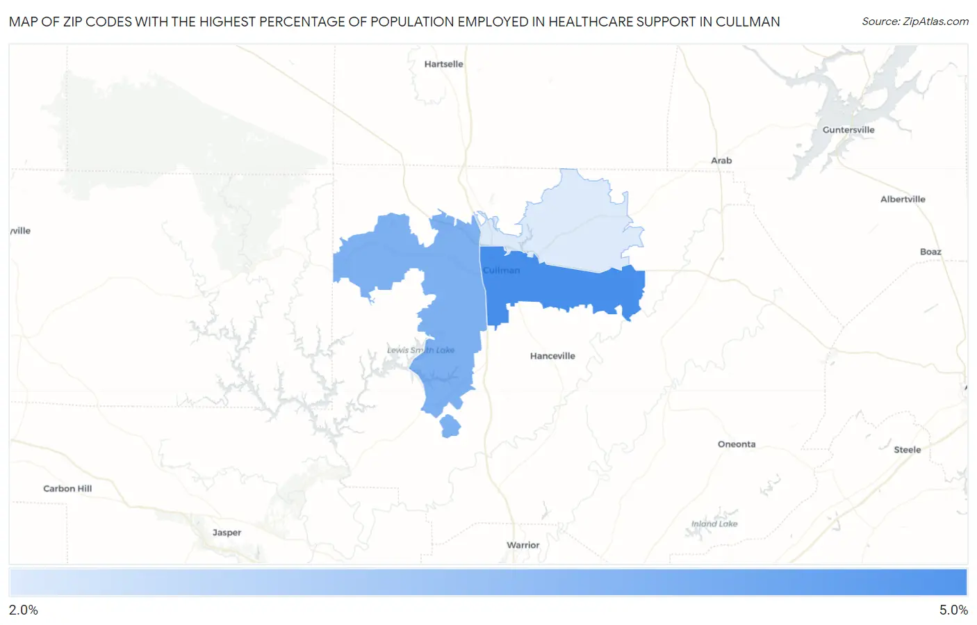 Zip Codes with the Highest Percentage of Population Employed in Healthcare Support in Cullman Map