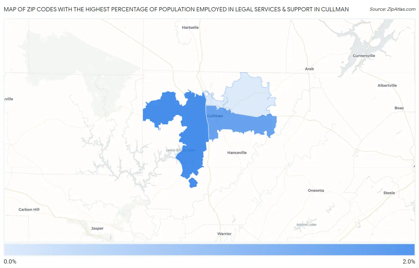 Zip Codes with the Highest Percentage of Population Employed in Legal Services & Support in Cullman Map