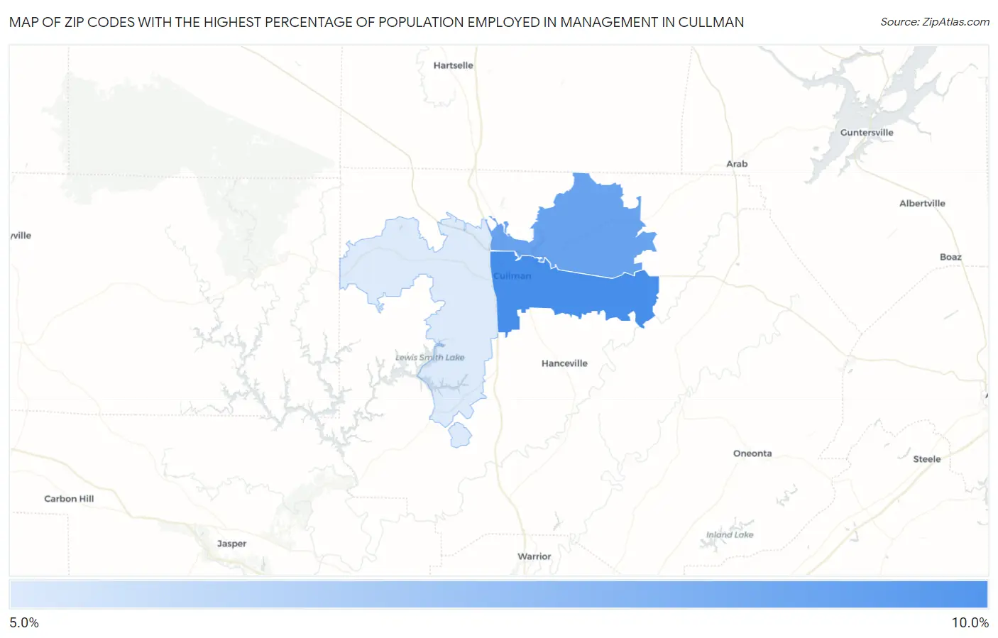 Zip Codes with the Highest Percentage of Population Employed in Management in Cullman Map