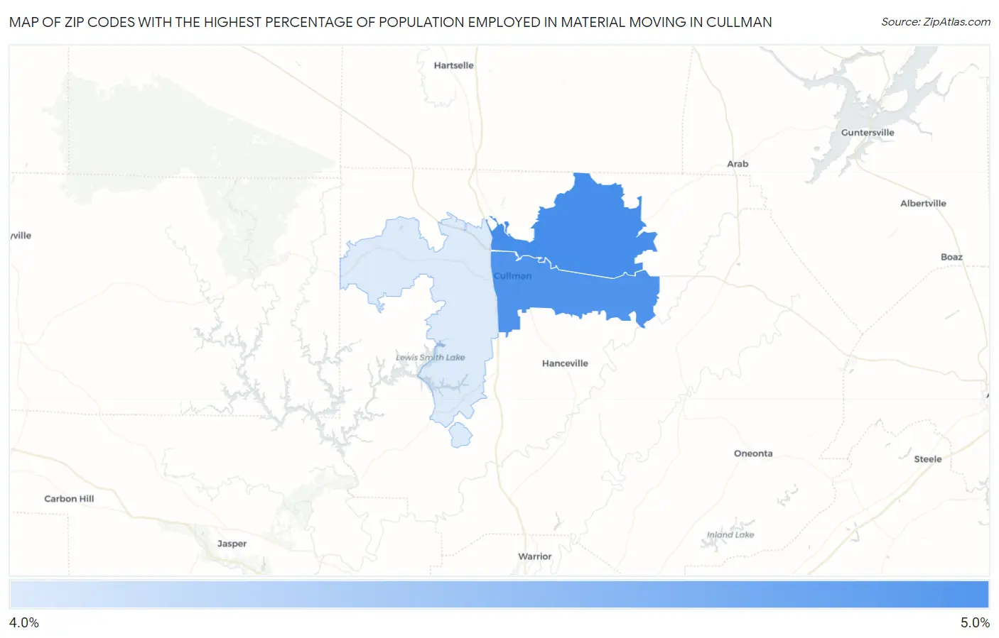 Zip Codes with the Highest Percentage of Population Employed in Material Moving in Cullman Map