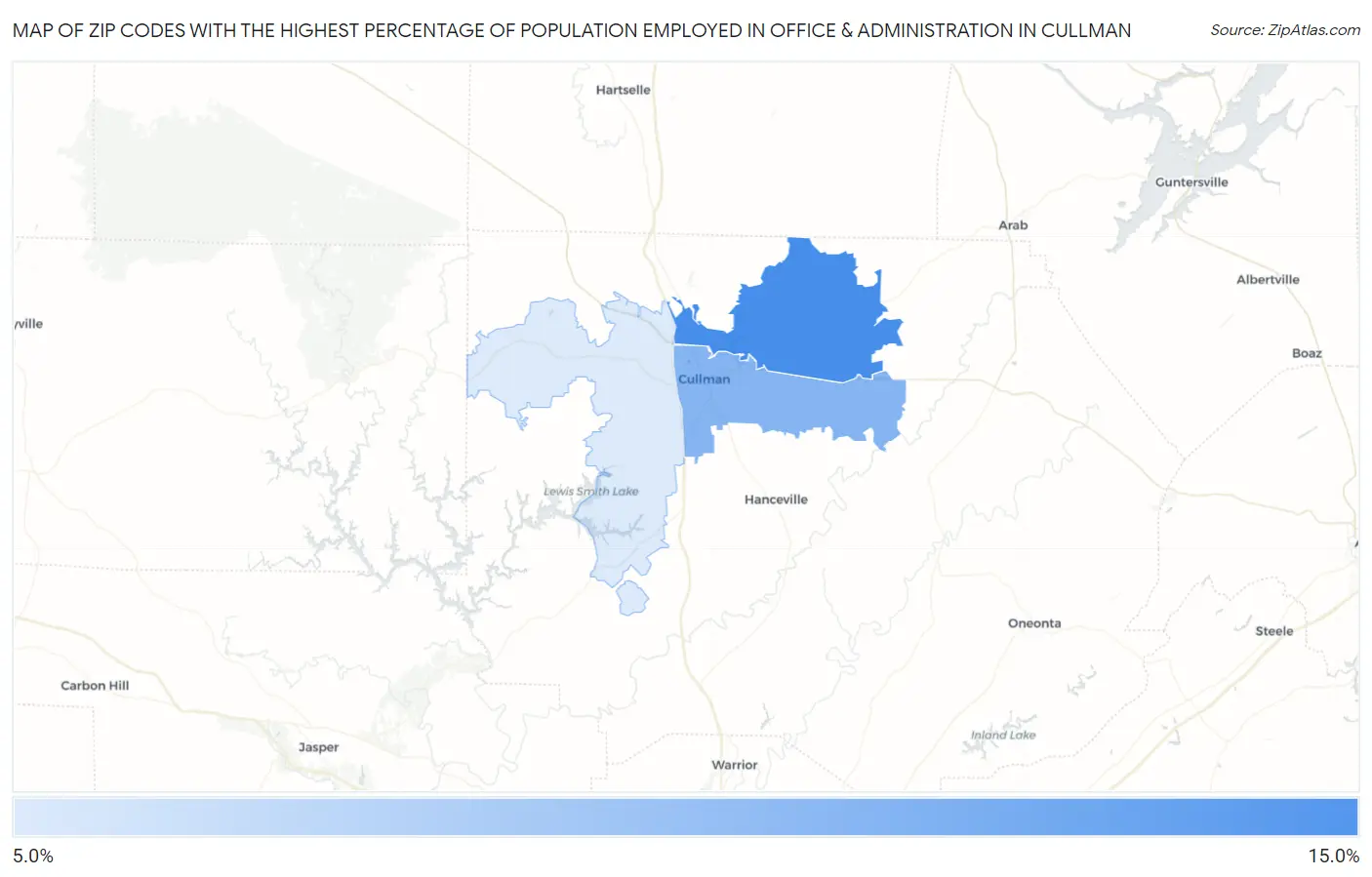 Zip Codes with the Highest Percentage of Population Employed in Office & Administration in Cullman Map