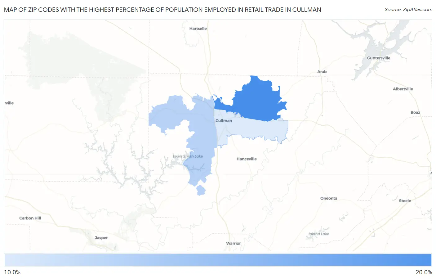 Zip Codes with the Highest Percentage of Population Employed in Retail Trade in Cullman Map