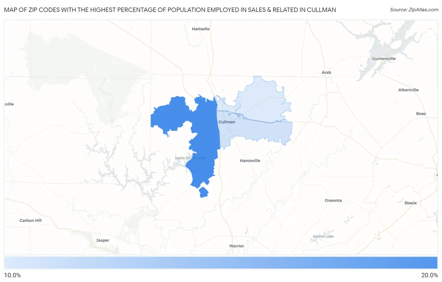 Zip Codes with the Highest Percentage of Population Employed in Sales & Related in Cullman Map