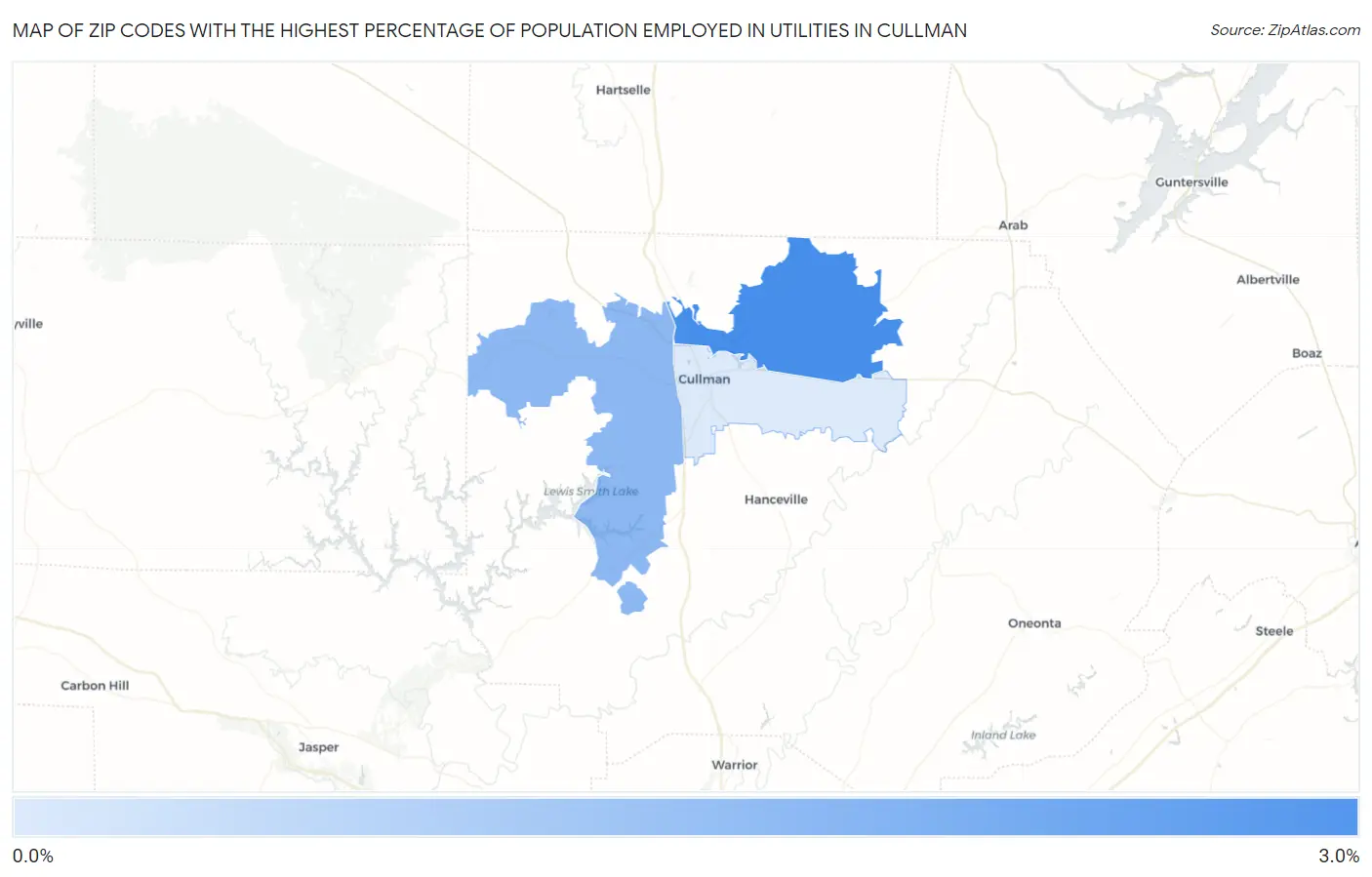 Zip Codes with the Highest Percentage of Population Employed in Utilities in Cullman Map