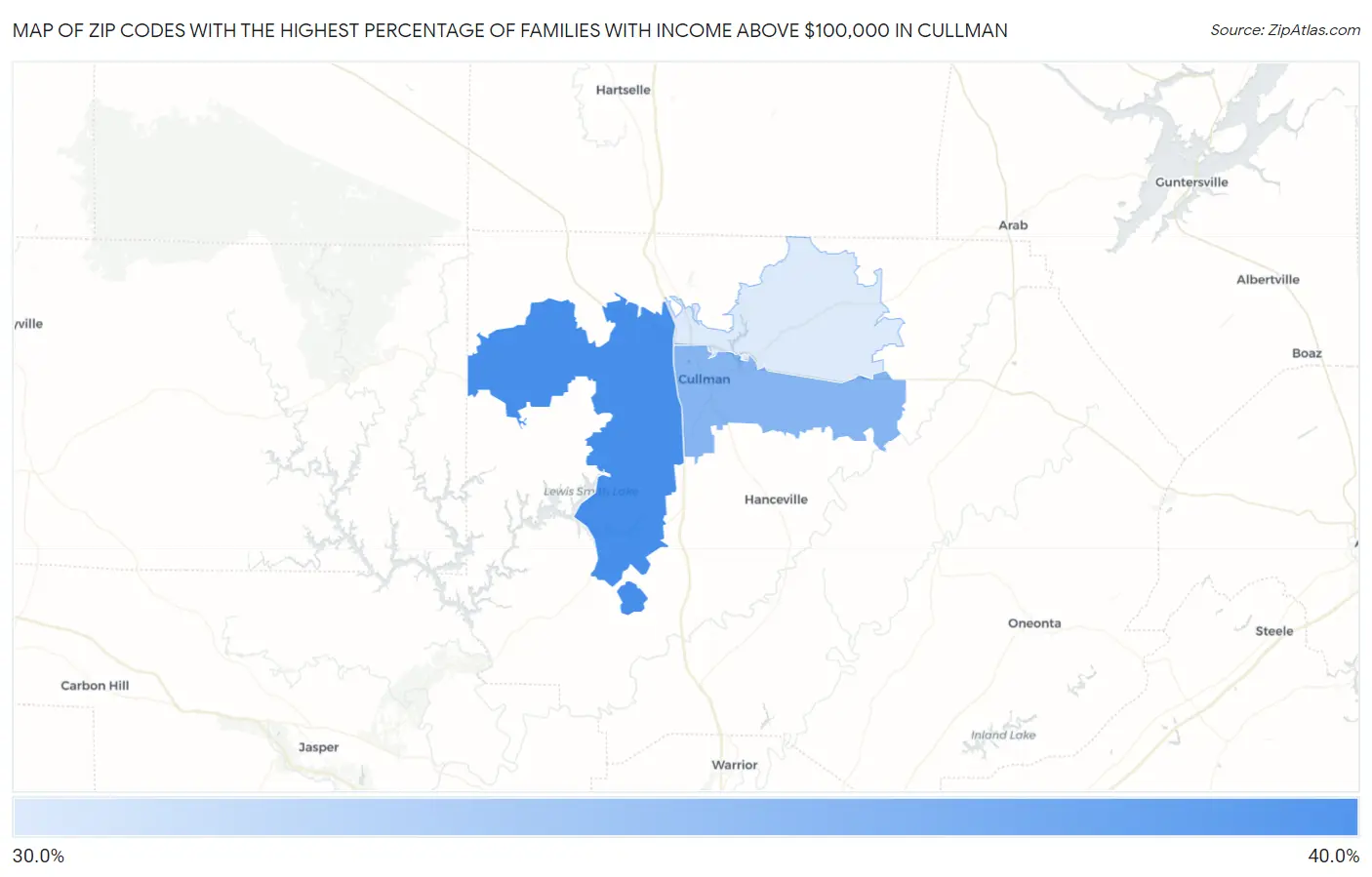 Zip Codes with the Highest Percentage of Families with Income Above $100,000 in Cullman Map