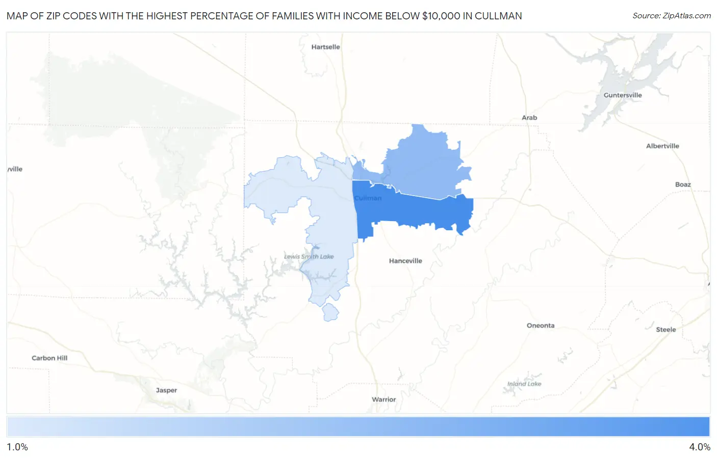 Zip Codes with the Highest Percentage of Families with Income Below $10,000 in Cullman Map