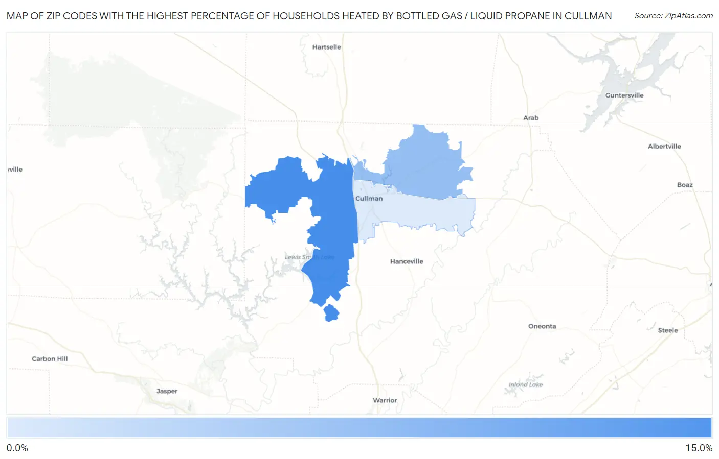 Zip Codes with the Highest Percentage of Households Heated by Bottled Gas / Liquid Propane in Cullman Map