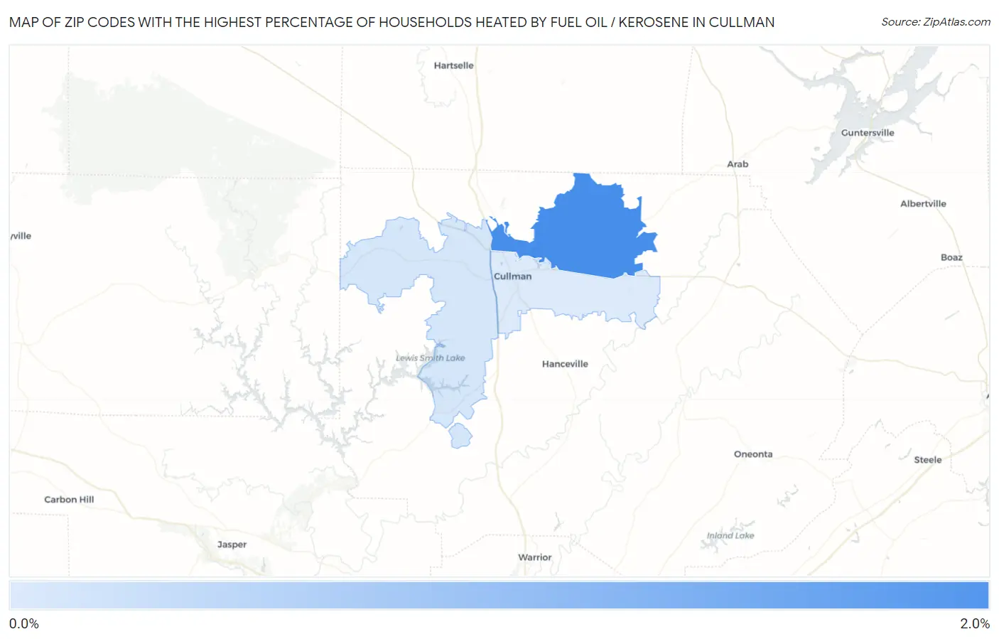 Zip Codes with the Highest Percentage of Households Heated by Fuel Oil / Kerosene in Cullman Map