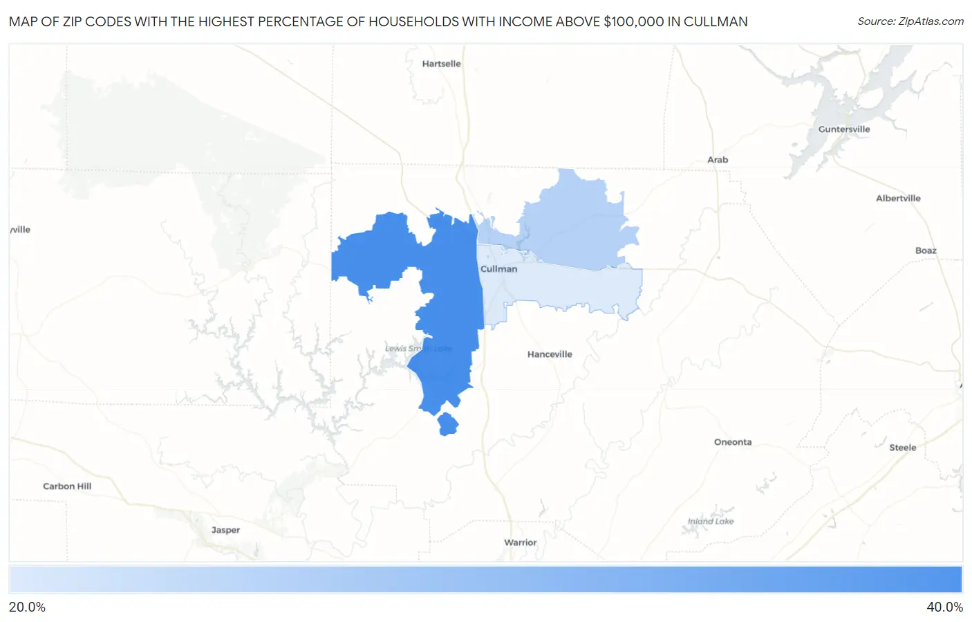 Zip Codes with the Highest Percentage of Households with Income Above $100,000 in Cullman Map