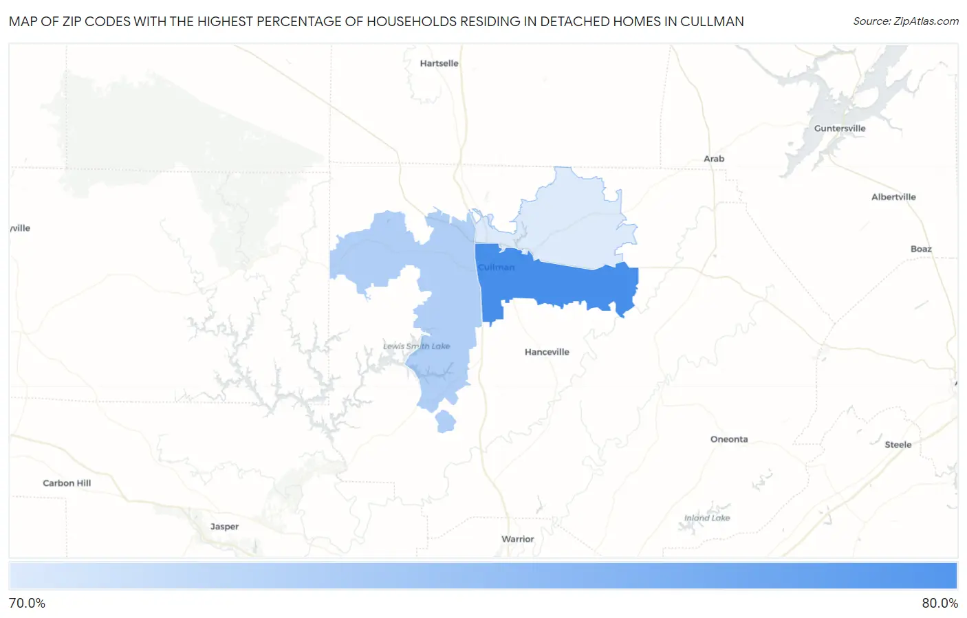 Zip Codes with the Highest Percentage of Households Residing in Detached Homes in Cullman Map