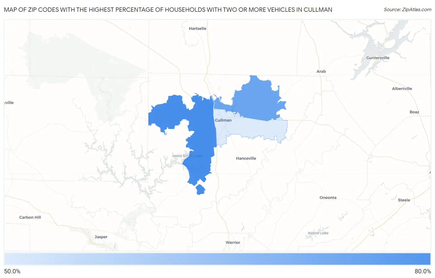 Zip Codes with the Highest Percentage of Households With Two or more Vehicles in Cullman Map