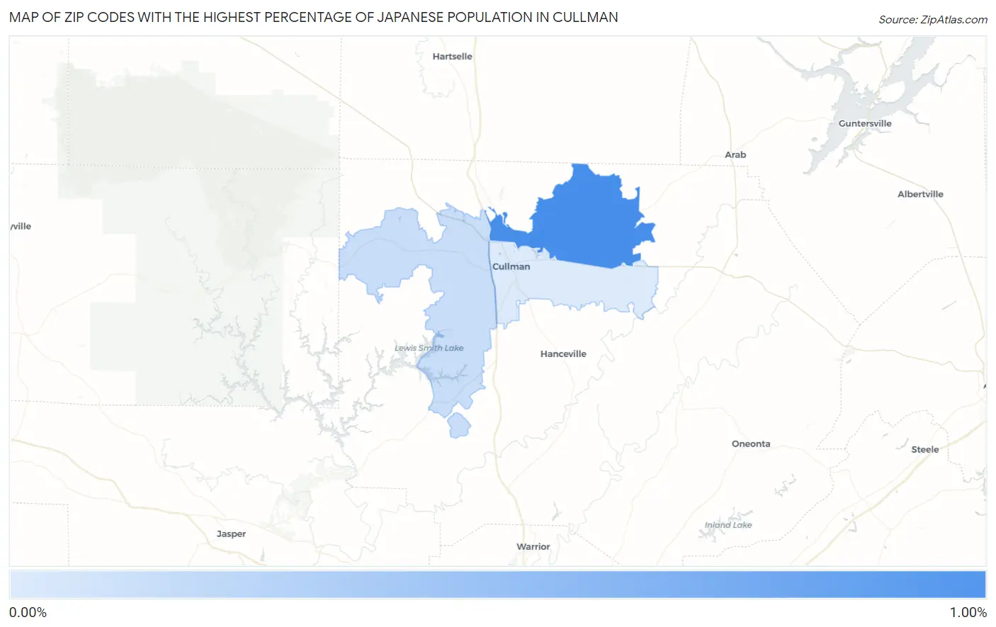 Zip Codes with the Highest Percentage of Japanese Population in Cullman Map