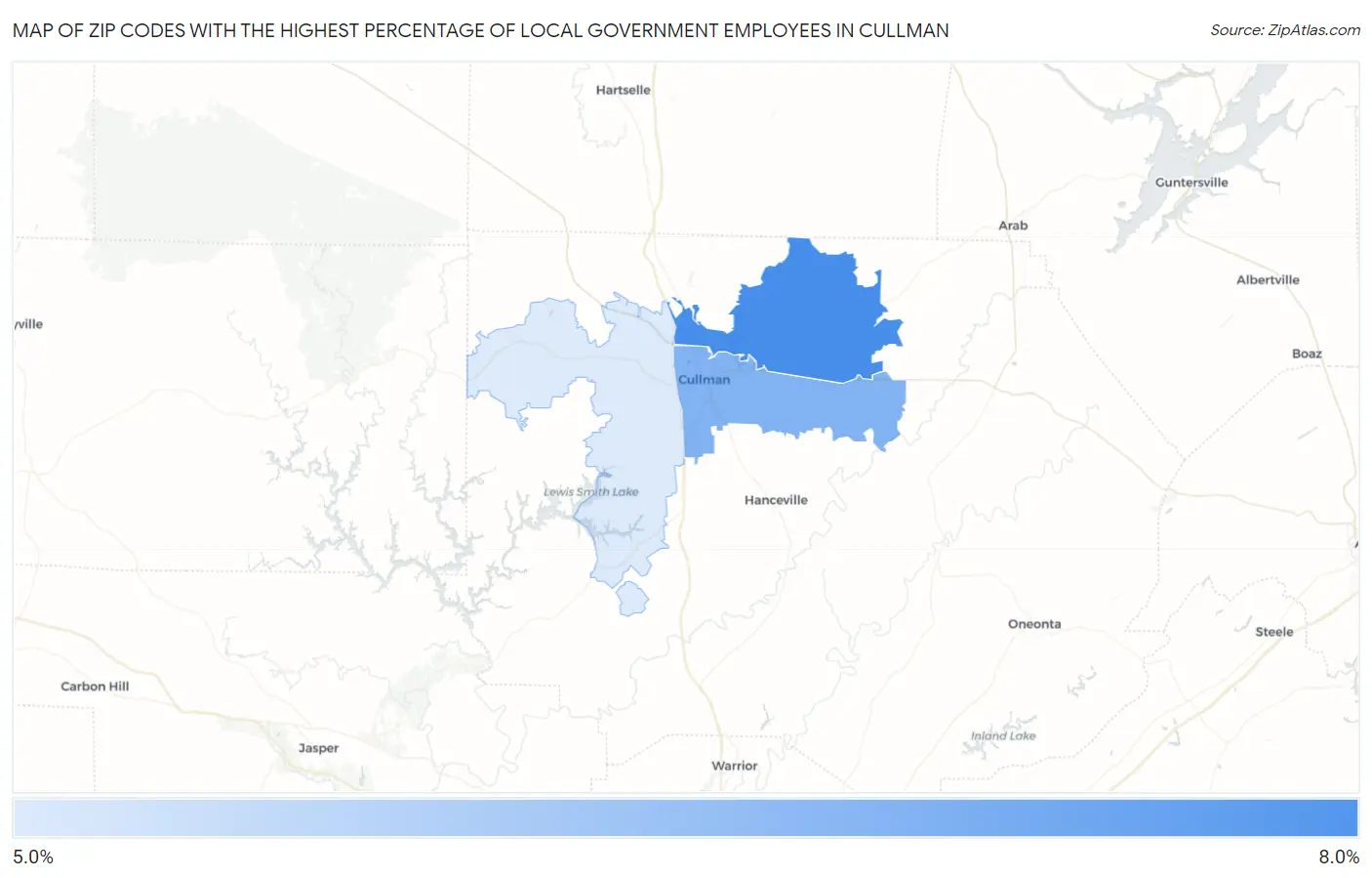 Zip Codes with the Highest Percentage of Local Government Employees in Cullman Map