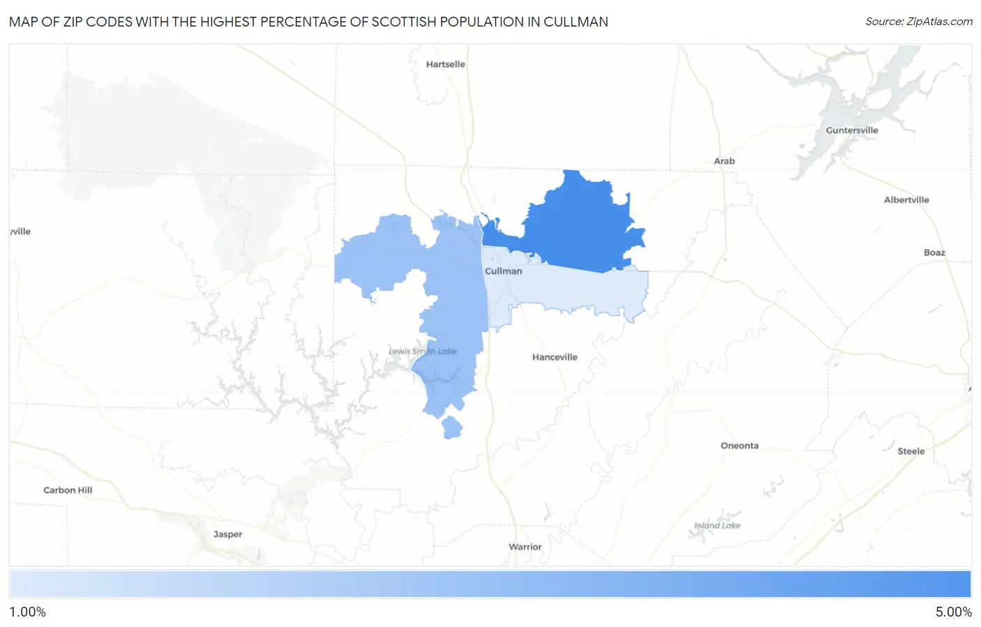 Zip Codes with the Highest Percentage of Scottish Population in Cullman Map