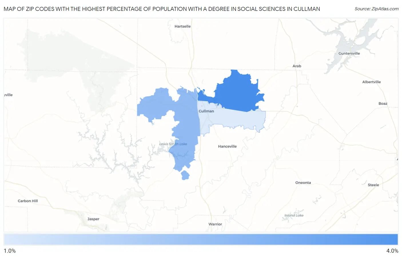 Zip Codes with the Highest Percentage of Population with a Degree in Social Sciences in Cullman Map