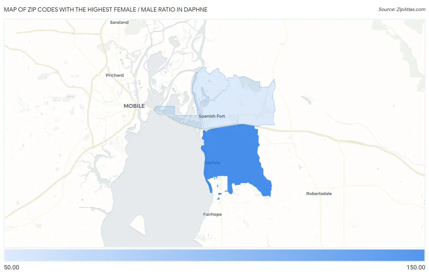 Zip Codes with the Highest Female / Male Ratio in Daphne Map