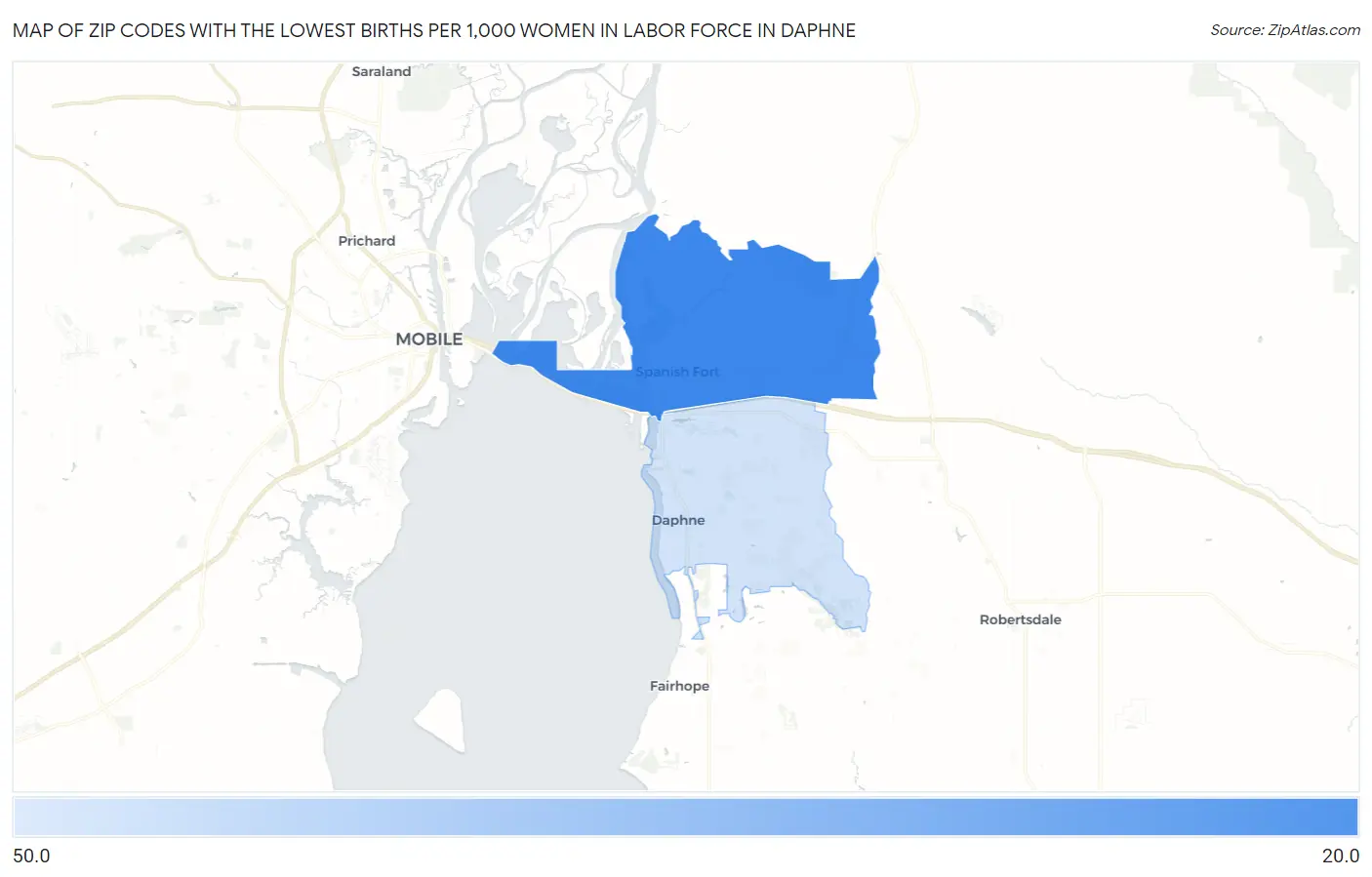 Zip Codes with the Lowest Births per 1,000 Women in Labor Force in Daphne Map