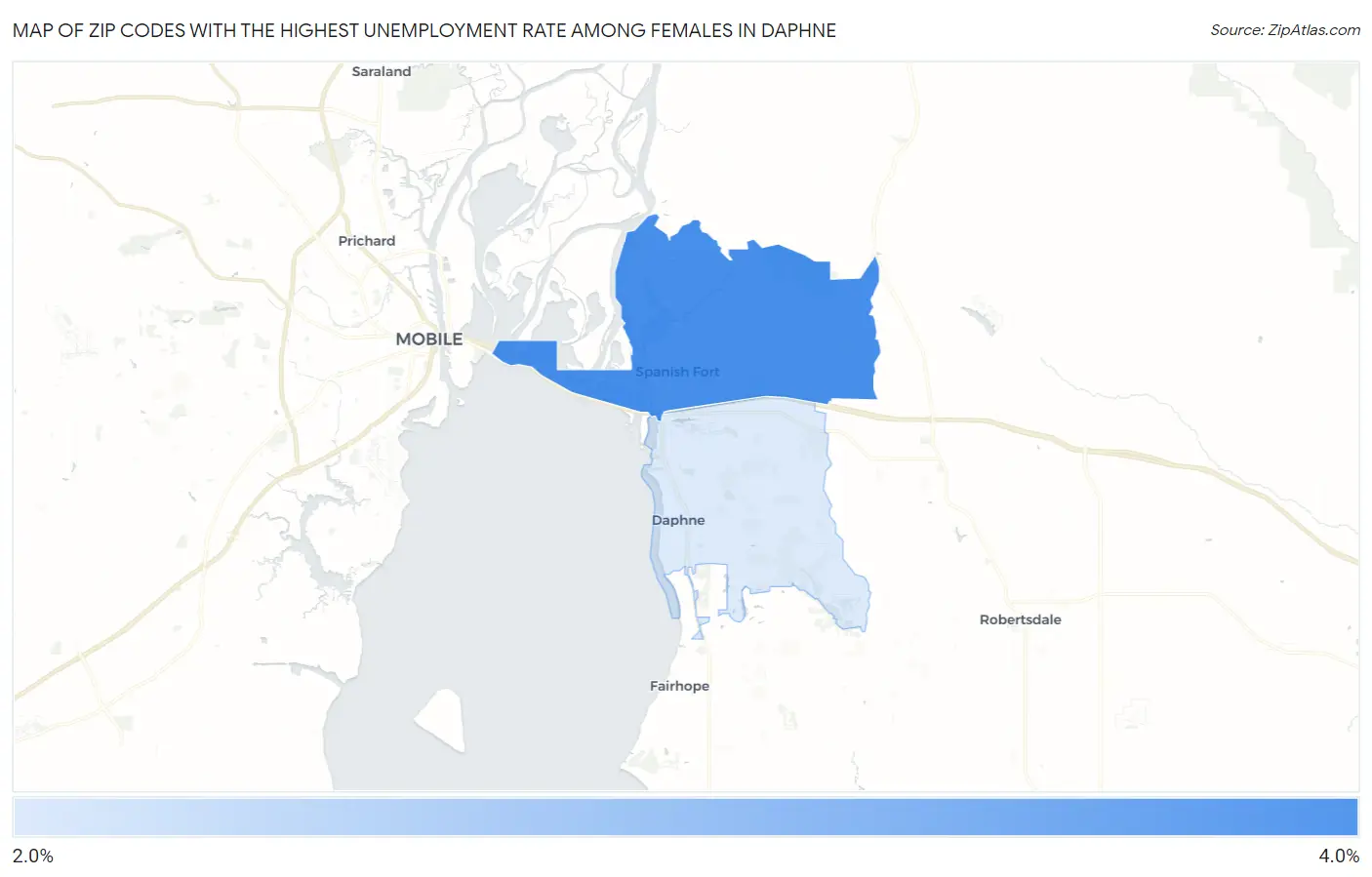 Zip Codes with the Highest Unemployment Rate Among Females in Daphne Map