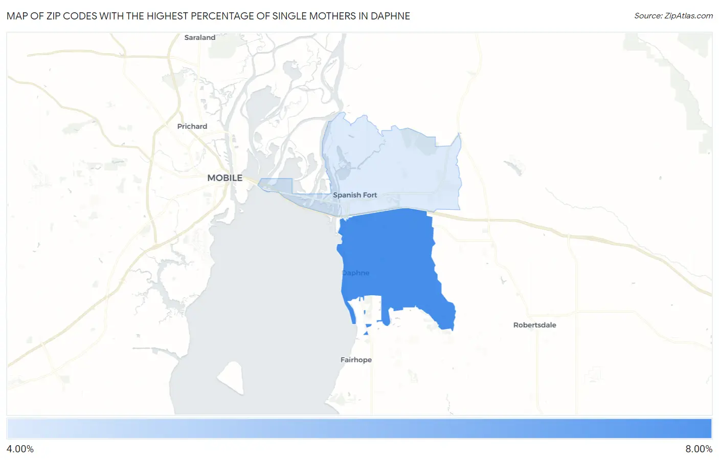 Zip Codes with the Highest Percentage of Single Mothers in Daphne Map