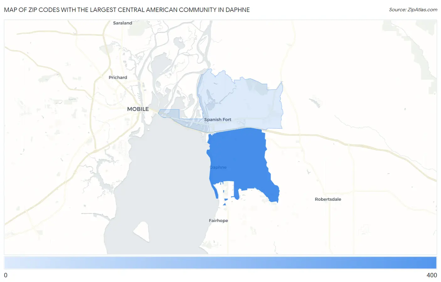 Zip Codes with the Largest Central American Community in Daphne Map