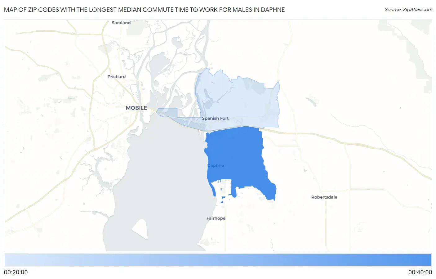Zip Codes with the Longest Median Commute Time to Work for Males in Daphne Map