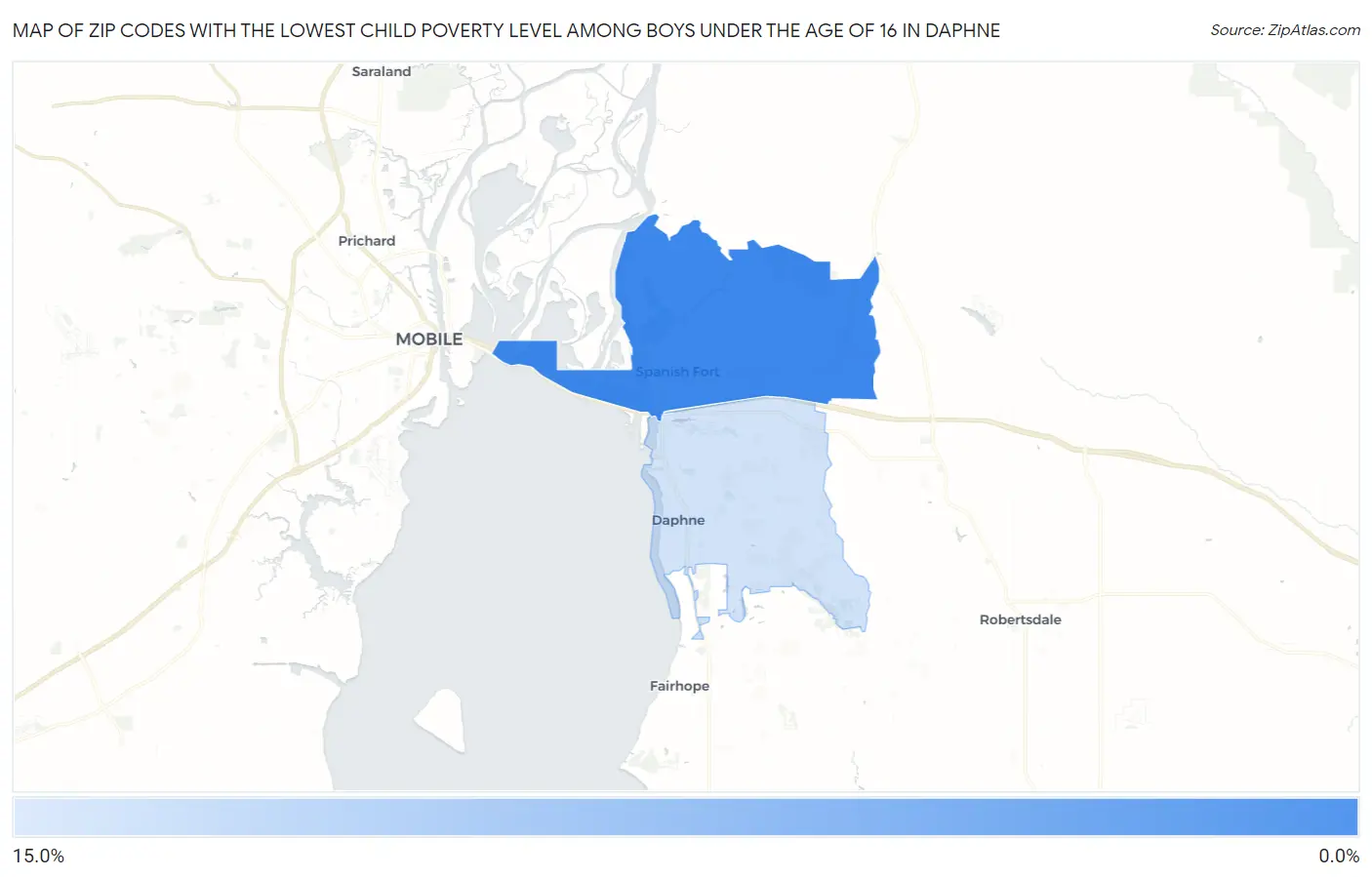 Zip Codes with the Lowest Child Poverty Level Among Boys Under the Age of 16 in Daphne Map