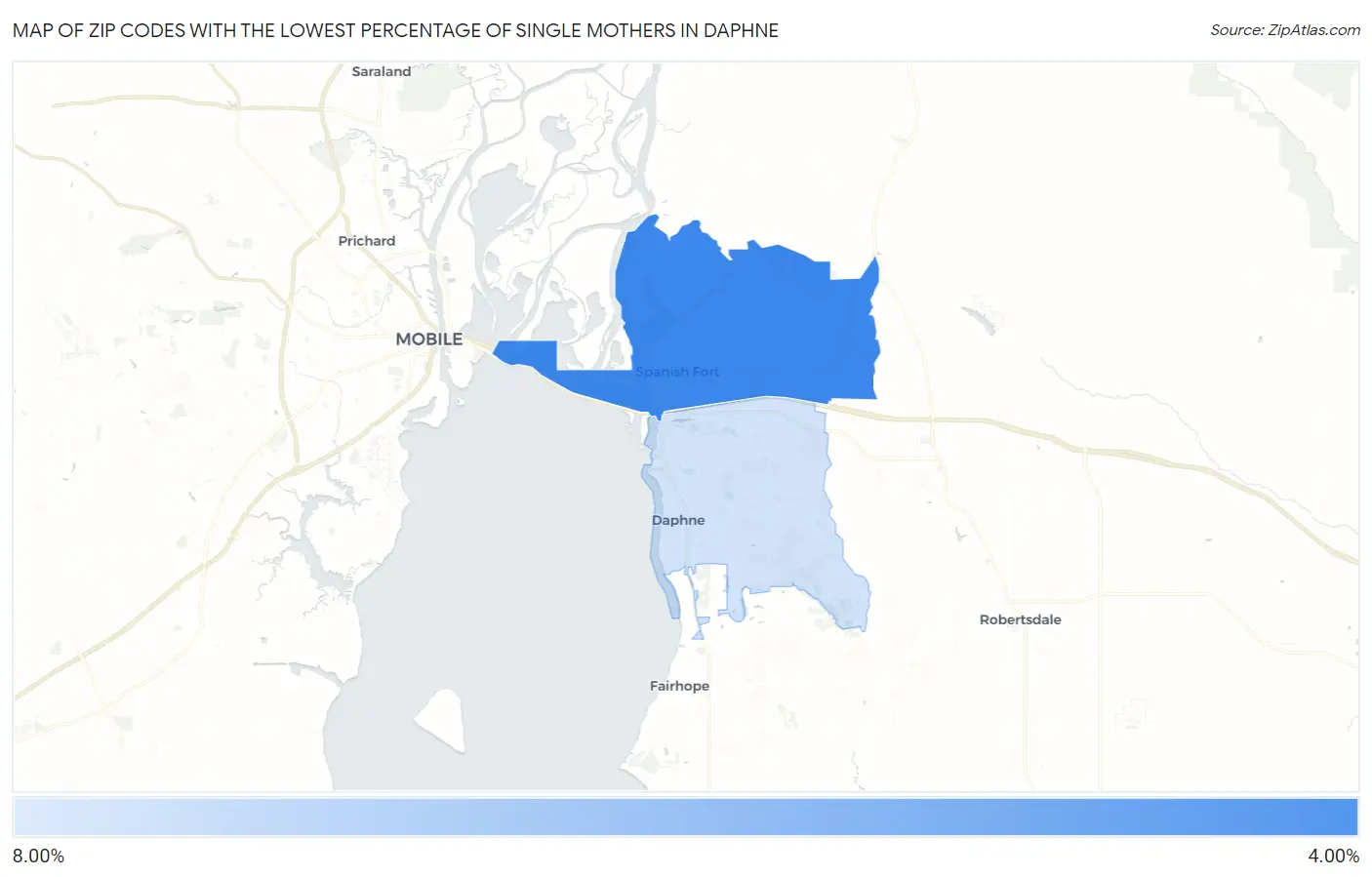 Zip Codes with the Lowest Percentage of Single Mothers in Daphne Map