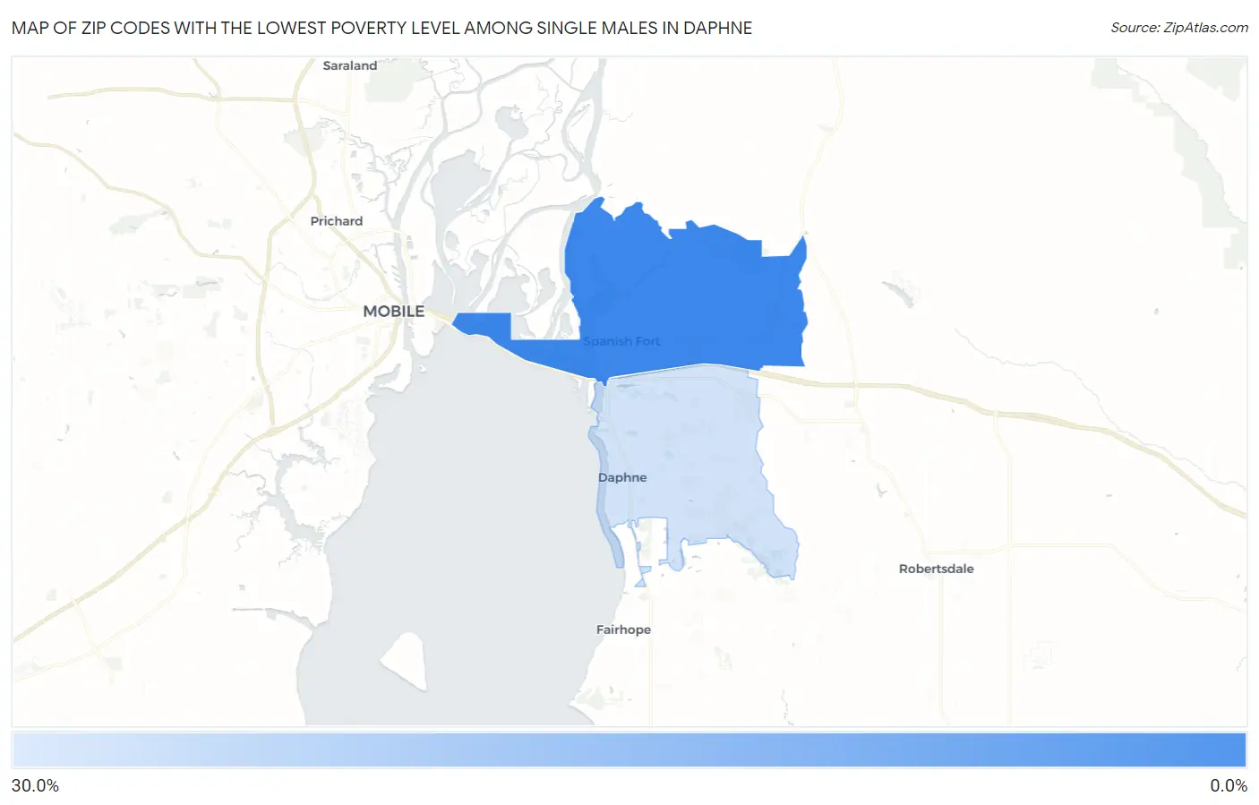 Zip Codes with the Lowest Poverty Level Among Single Males in Daphne Map