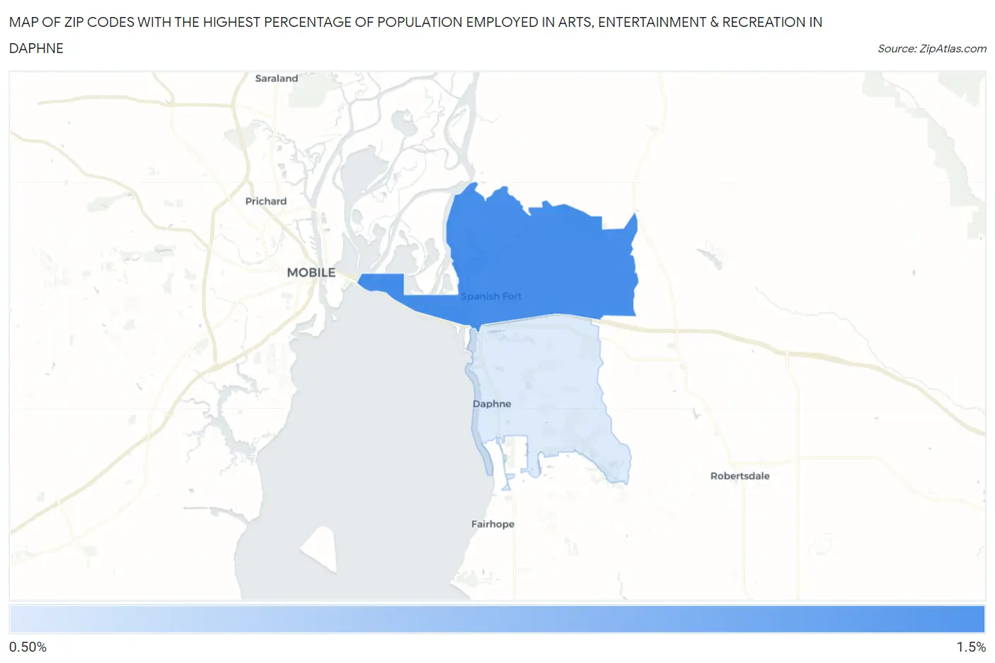 Zip Codes with the Highest Percentage of Population Employed in Arts, Entertainment & Recreation in Daphne Map