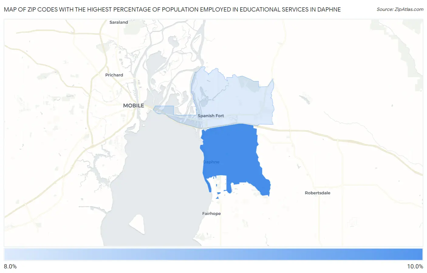 Zip Codes with the Highest Percentage of Population Employed in Educational Services in Daphne Map