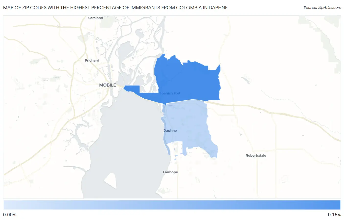 Zip Codes with the Highest Percentage of Immigrants from Colombia in Daphne Map