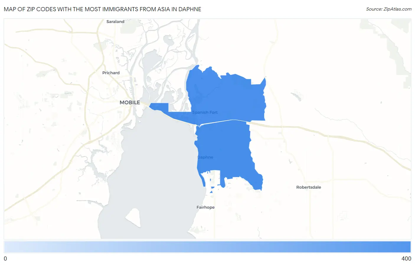 Zip Codes with the Most Immigrants from Asia in Daphne Map