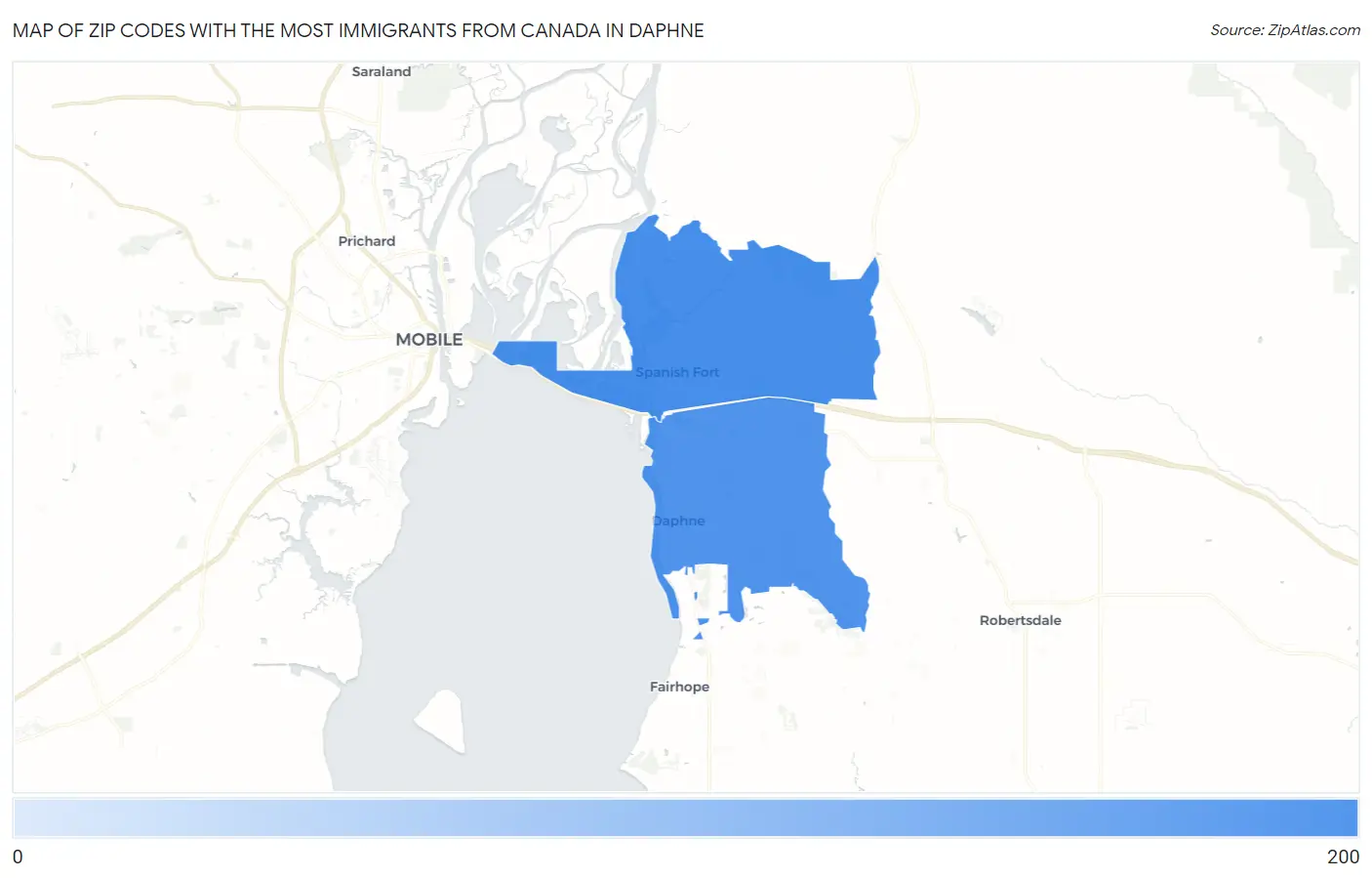 Zip Codes with the Most Immigrants from Canada in Daphne Map
