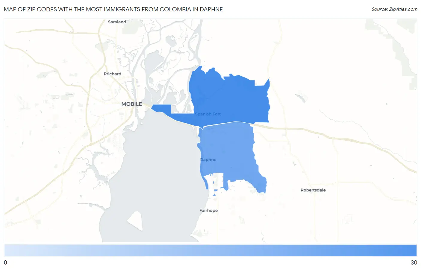 Zip Codes with the Most Immigrants from Colombia in Daphne Map
