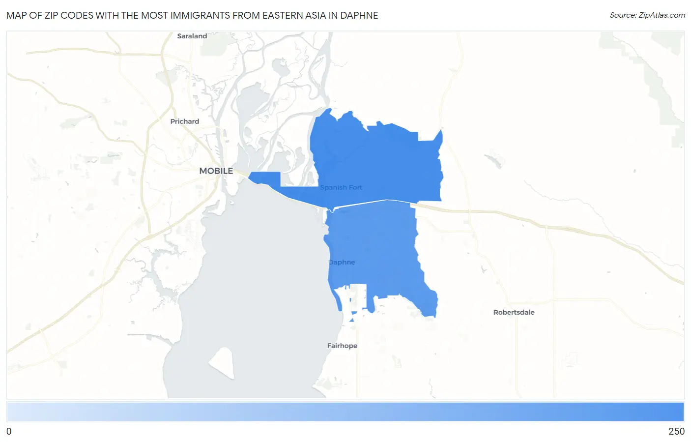 Zip Codes with the Most Immigrants from Eastern Asia in Daphne Map