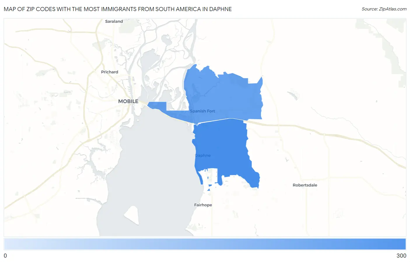 Zip Codes with the Most Immigrants from South America in Daphne Map