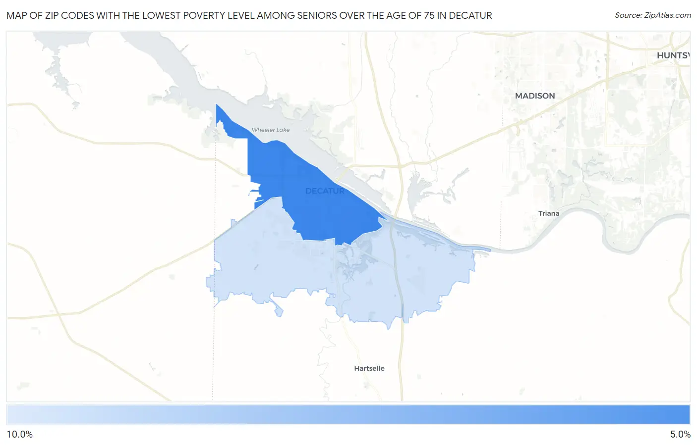 Zip Codes with the Lowest Poverty Level Among Seniors Over the Age of 75 in Decatur Map