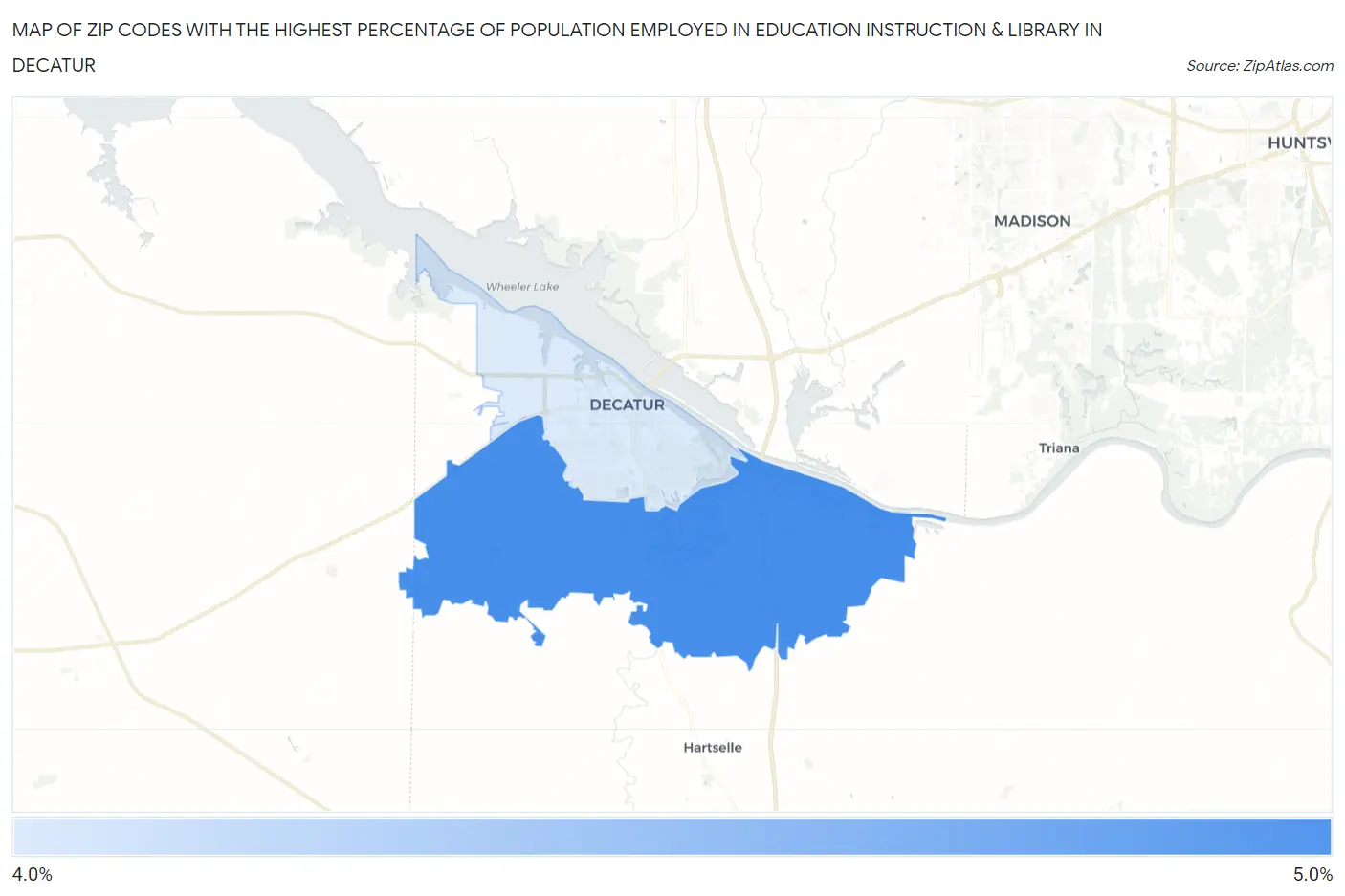 Zip Codes with the Highest Percentage of Population Employed in Education Instruction & Library in Decatur Map