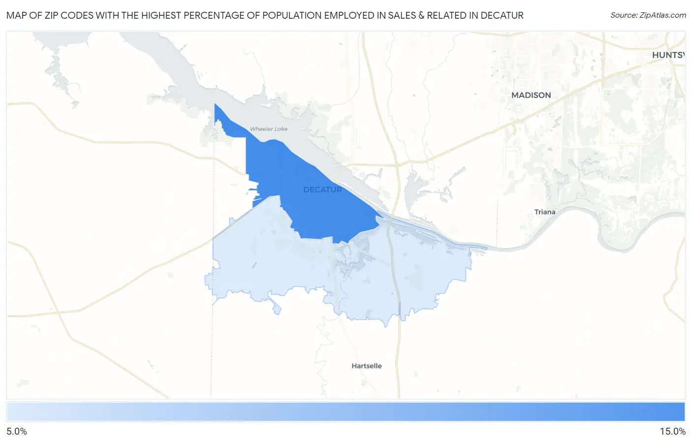 Zip Codes with the Highest Percentage of Population Employed in Sales & Related in Decatur Map