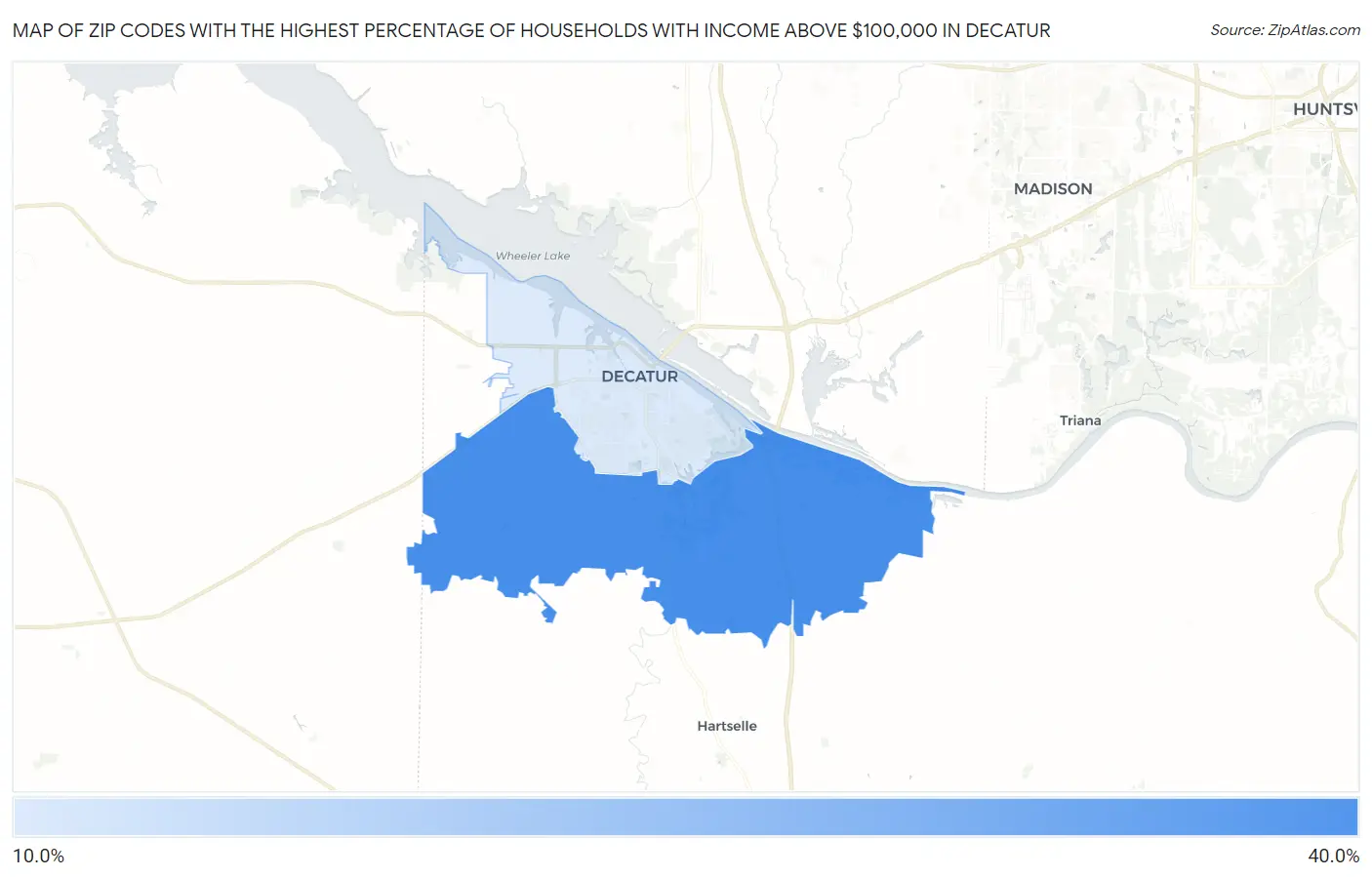 Zip Codes with the Highest Percentage of Households with Income Above $100,000 in Decatur Map