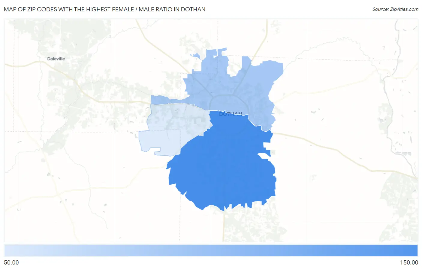 Zip Codes with the Highest Female / Male Ratio in Dothan Map